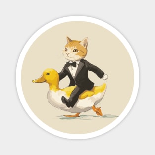 Funny Tuxedo Cat Riding Funny Duck Going To Party Magnet